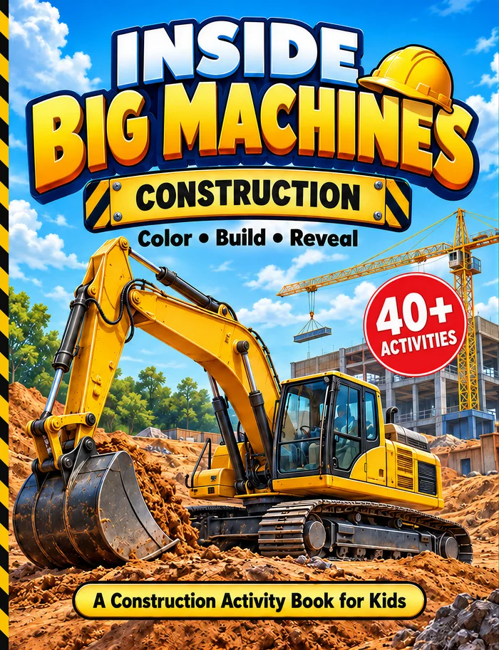 Cover of Inside Big Machines: Construction Coloring & Activity Book, showing a yellow excavator at a construction site
