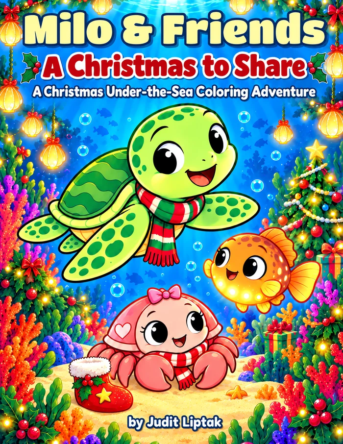 Cover of Milo & Friends: A Christmas to Share, showing Milo the sea turtle in a scarf with a little crab and a decorated tree under the sea