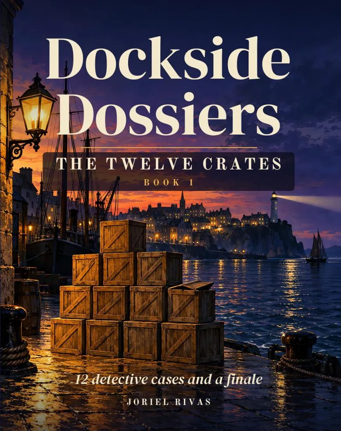 Cover of Dockside Dossiers: The Twelve Crates: stacked wooden crates on a lamplit harbor quay at dusk, a lighthouse beyond