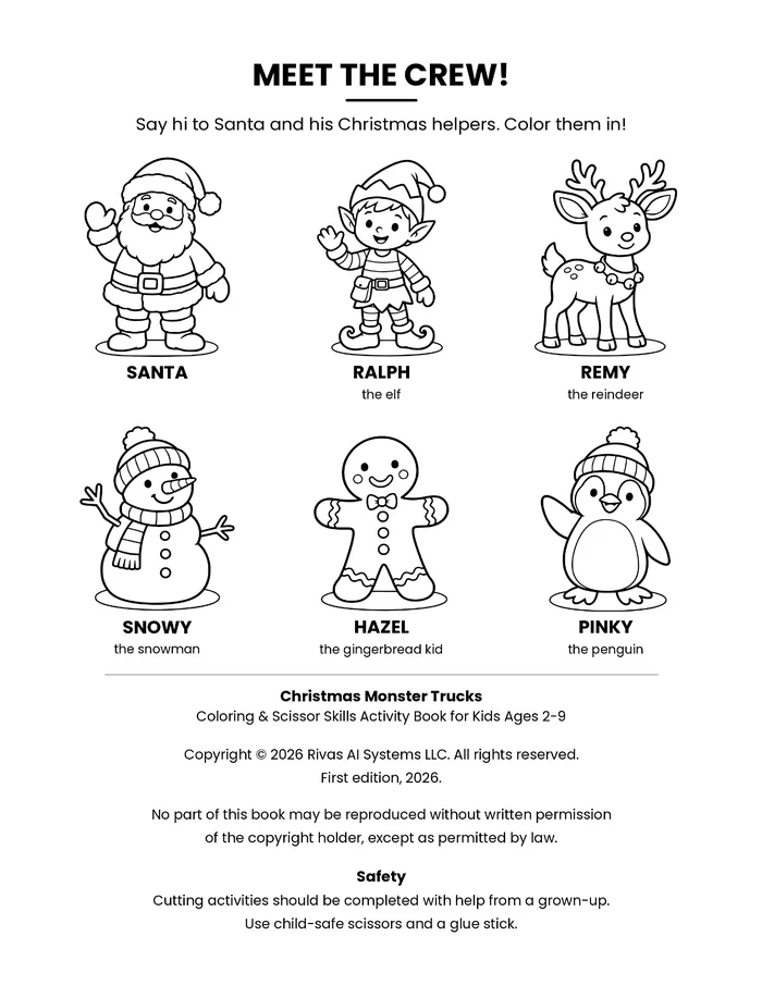 Coloring page of six holiday characters from Christmas Monster Trucks, in black-and-white line art