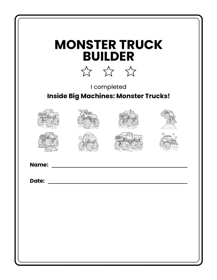 Monster Truck Builder certificate with space for a name and date