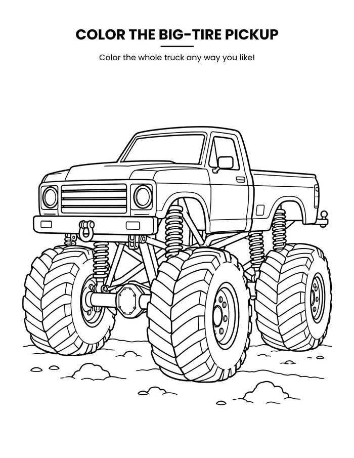 Coloring page: the big-tire pickup monster truck, in black-and-white line art