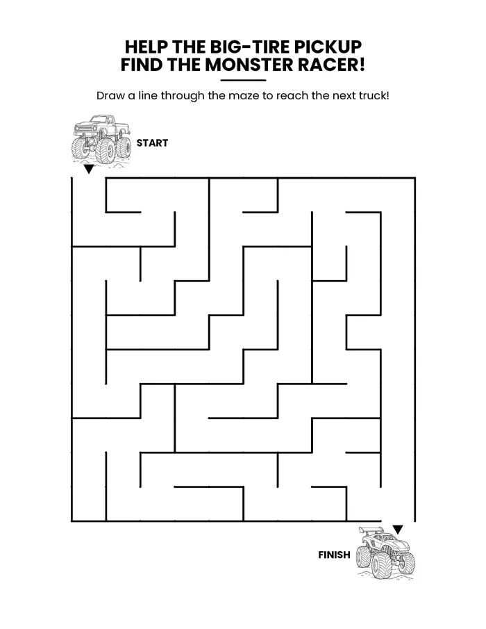 Maze page: help the big-tire pickup find the monster racer