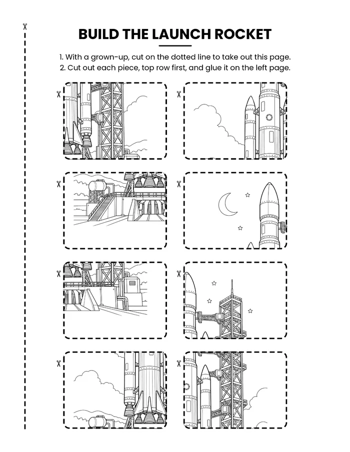 Cut-and-glue page: picture pieces of the launch rocket with dotted cut lines
