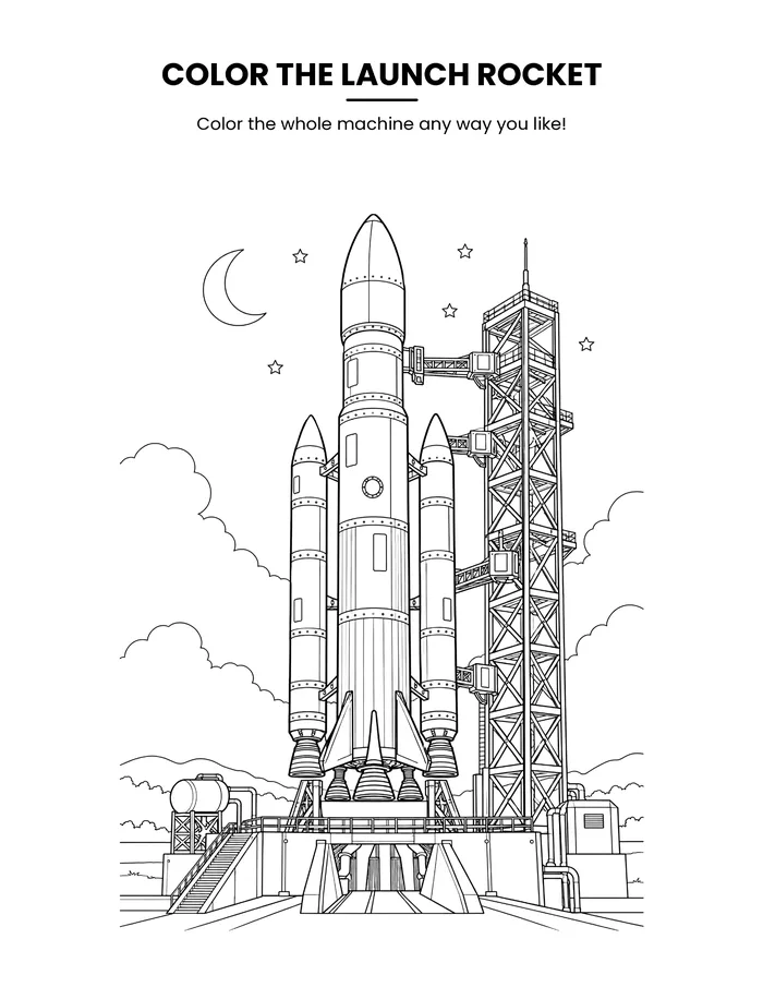 Coloring page of a launch rocket standing on its launch tower, in black-and-white line art