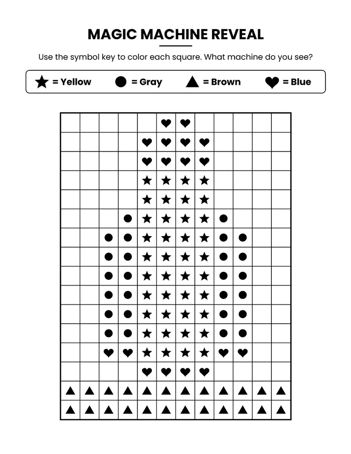 Color-by-symbol grid with a symbol key that reveals a hidden machine